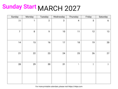 Free Printable Simple March 2027 Calendar (Sunday Start)