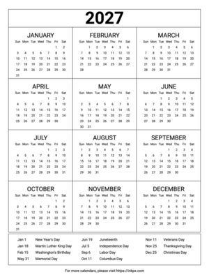 Free Printable Minimalist Table 2027 Yearly Calendar with US Holiday