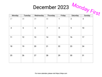 Printable Blank December 2023 Calendar (Monday First)