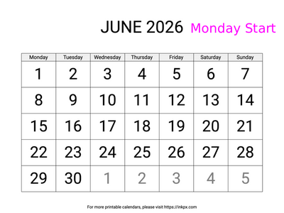 Free Printable Large June 2026 Calendar (Monday Start)