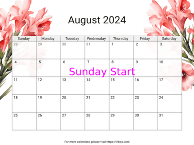 Printable Gladiolus August 2024 Calendar (Sunday Start)