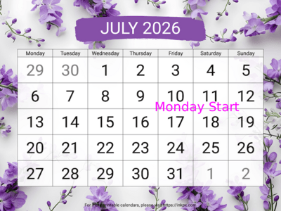 Free Printable Large Larkspur July 2026 Calendar (Monday Start)