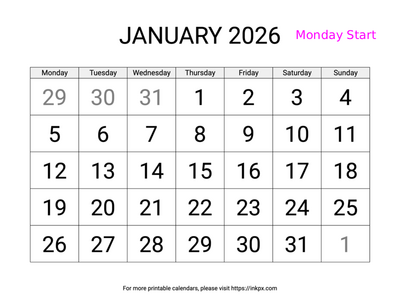 Free Printable Large Font January 2026 Calendar (Monday Start)
