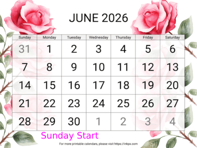 Free Printable Large Rose June 2026 Calendar (Sunday Start)