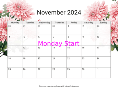 Printable Chrysanthemum November 2024 Calendar (Monday First)