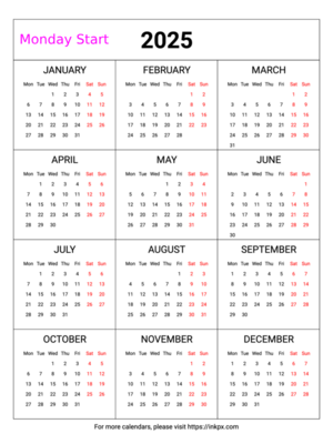 Free Printable Weekend Highlight Table 2025 Calendar (Monday First)