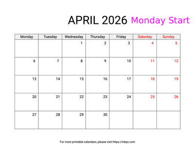 Free Printable Weekend Highlighted April 2026 Calendar (Monday Start)