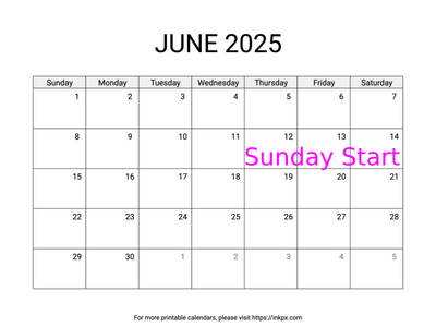 Free Printable Simple June 2025 Calendar (Sunday Start)