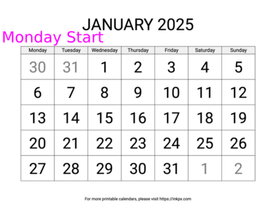 Free Printable Large Font January 2025 Calendar (Monday Start)