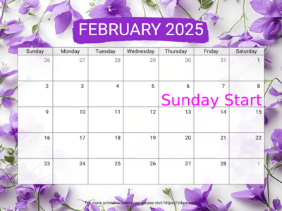 Free Printable Violet February 2025 Calendar (Sunday Start)