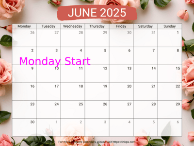 Free Printable Rose Background June 2025 Calendar (Monday Start)