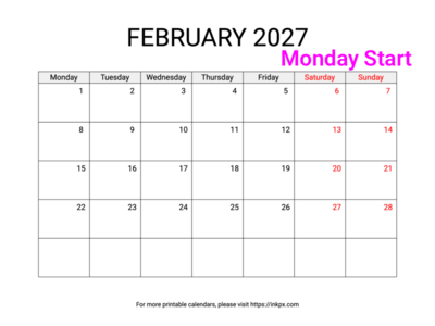 Free Printable Weekend Highlighted February 2027 Calendar (Monday Start)
