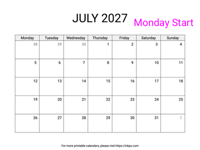 Free Printable Simple July 2027 Calendar (Monday Start)