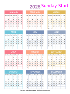 Free Printable Minimalist Colorful 2025 Yearly Calendar (Sunday Start)