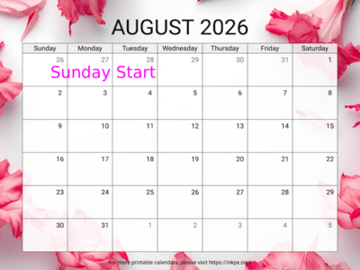 Free Printable Gladiolus Background August 2026 Calendar (Sunday Start)