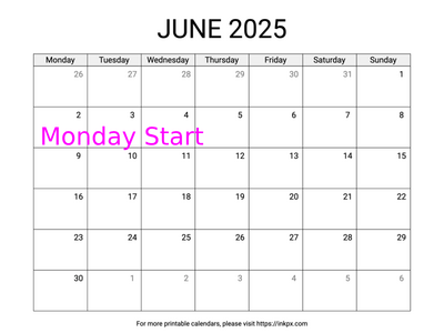 Free Printable Simple June 2025 Calendar (Monday Start)