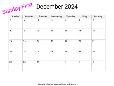 Printable Blank December 2024 Calendar (Sunday First)