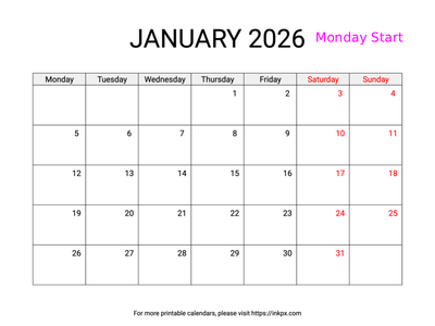 Free Printable Weekend Highlighted January 2026 Calendar (Monday Start)