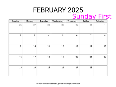 Free Printable Simple February 2025 Calendar (Sunday Start)