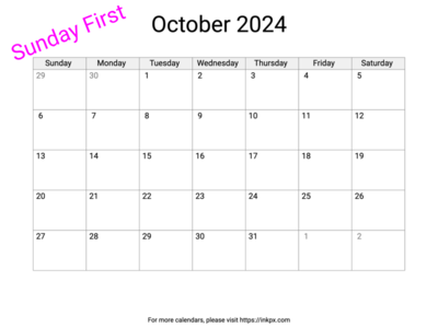 Printable Blank October 2024 Calendar (Sunday Frist)