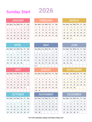 Free Printable Minimalist Colorful 2026 Yearly Calendar (Sunday Start)