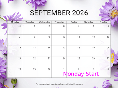 Free Printable Aster Background September 2026 Calendar (Monday Start)