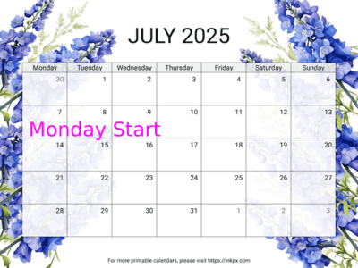 Free Printable Delphinium July 2025 Calendar (Monday Start)