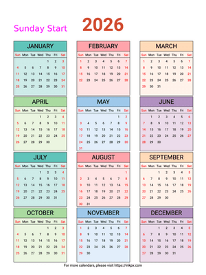 Free Printable Weekend Highlight Colorful Table 2026 Calendar (Sunday First)