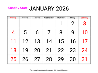 Free Printable Large Weekend Highlighted January 2026 Calendar (Sunday Start)