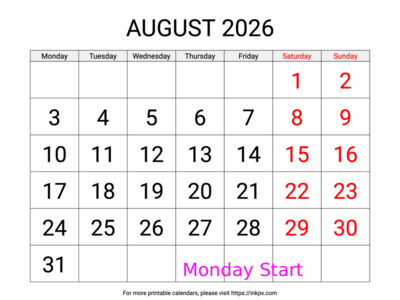 Free Printable Large Weekend Highlighted August 2026 Calendar (Monday Start)