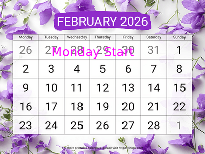 Free Printable Violet Large February 2026 Calendar (Monday Start)