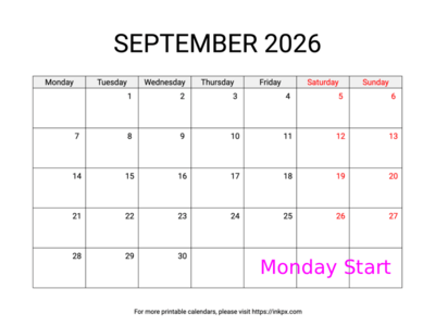 Free Printable Weekend Highlighted September 2026 Calendar (Monday Start)