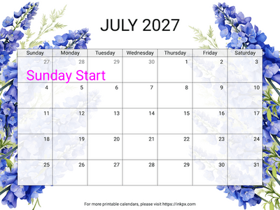 Free Printable Delphinium July 2027 Calendar (Sunday Start)
