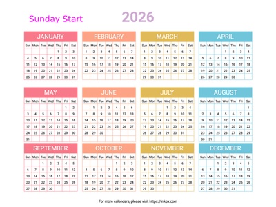 Free Printable Minimalist Colorful Table 2026 Calendar (Landscape, Sunday Start)