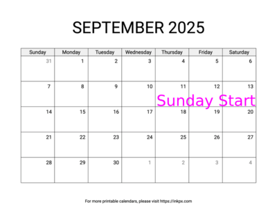 Free Printable Simple September 2025 Calendar (Sunday Start)