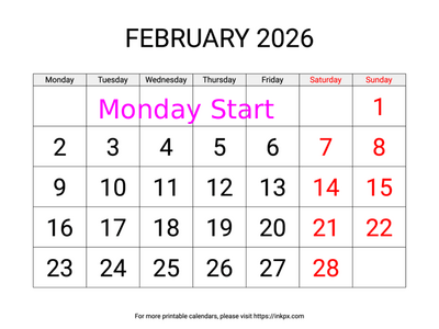 Free Printable Large Weekend Highlighted February 2026 Calendar (Monday Start)