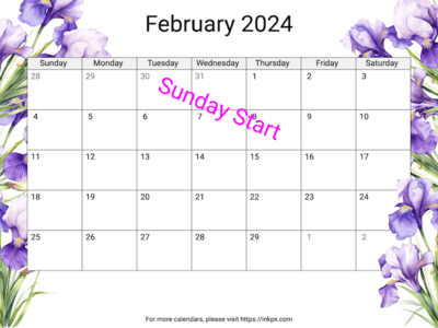 Printable Irises February 2024 Calendar(Sunday Start)