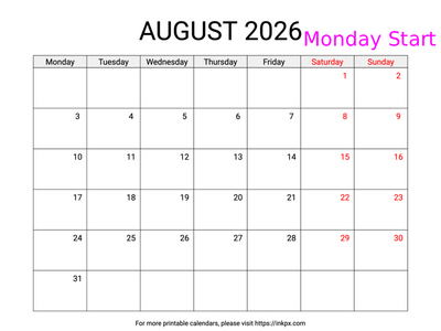 Free Printable Weekend Highlighted August 2026 Calendar (Monday Start)