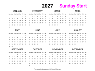 Free Printable Minimalist 2027 Yearly Calendar (Landscape, Sunday Start)