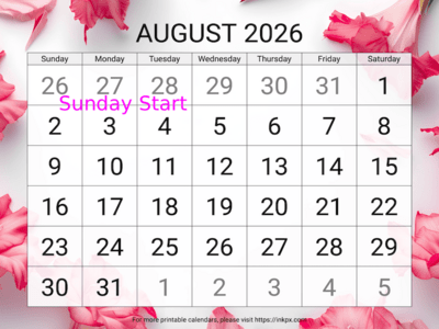 Free Printable Large Gladiolus Background August 2026 Calendar (Sunday Start)