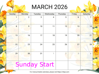 Free Printable Daffodil March 2026 Calendar (Sunday Start)