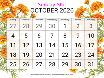 Free Printable Large Marigold October 2026 Calendar (Sunday Start)