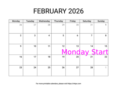Free Printable Simple February 2026 Calendar (Monday Start)