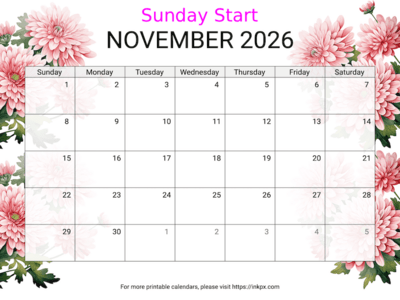 Free Printable Chrysanthemum November 2026 Calendar (Sunday Start)