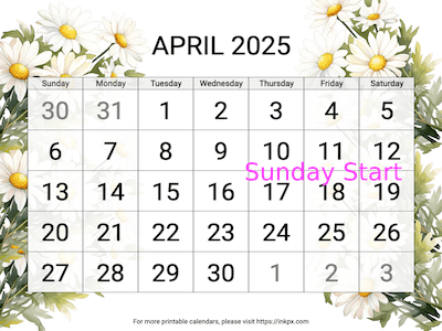 Free Printable Large Daisy April 2025 Calendar (Sunday Start)