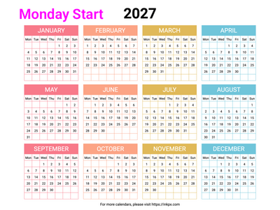 Free Printable Minimalist Colorful Table 2027 Calendar (Landscape, Monday Start)