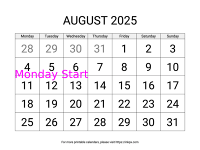 Free Printable Large August 2025 Calendar (Monday Start)