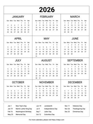 Free Printable Minimalist Table 2026 Yearly Calendar with US Holiday