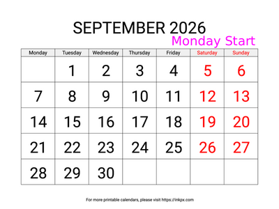 Free Printable Large Weekend Highlighted September 2026 Calendar (Monday Start)