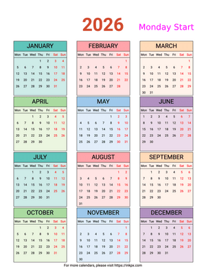 Free Printable Weekend Highlight Colorful Table 2026 Calendar (Monday First)